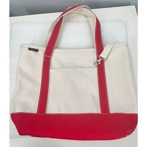 Lands End Open Top Med Natural Canvas Tote Red Trim EUC